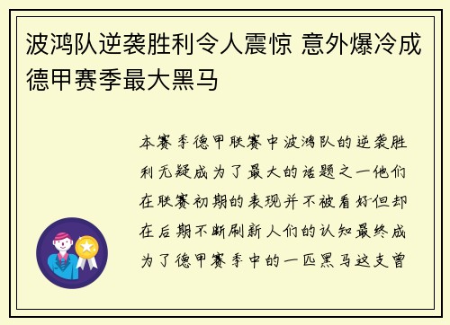 波鸿队逆袭胜利令人震惊 意外爆冷成德甲赛季最大黑马