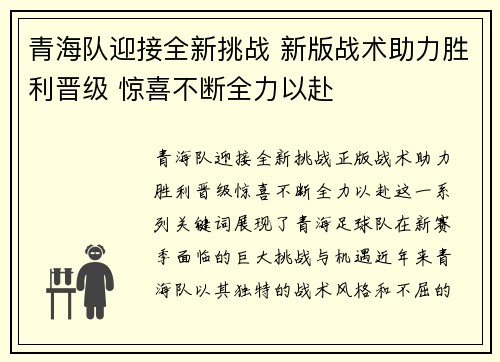 青海队迎接全新挑战 新版战术助力胜利晋级 惊喜不断全力以赴